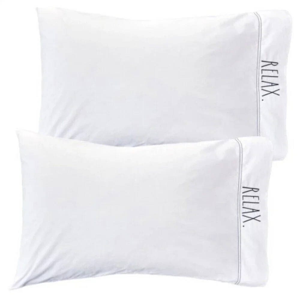 Rae Dunn Pillowcases Relax Embroidered Standard White Cotton Percale Set of 2